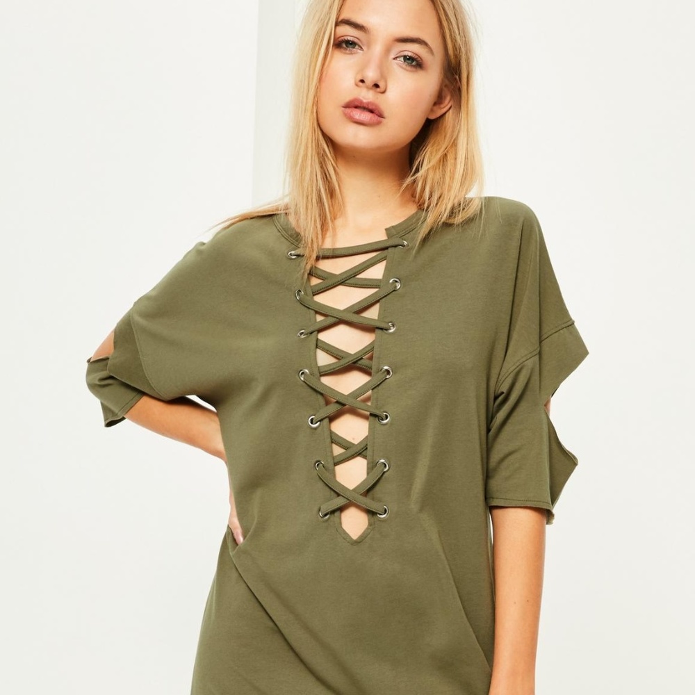 khaki lace up distressed t shirt dress
